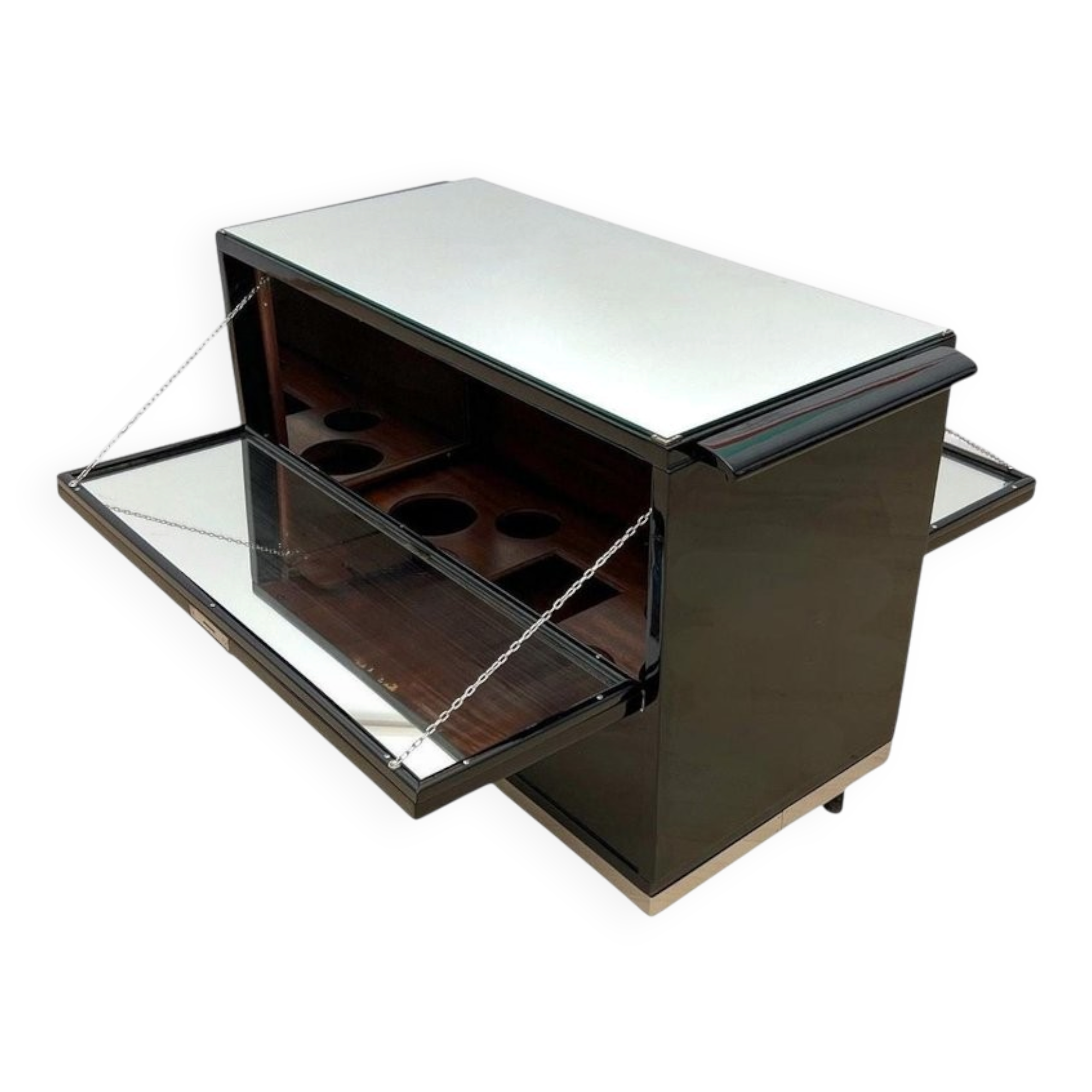 Art Deco Bar Cart in Black Lacquered Mahogany, Mirrored Glass & Chrome, France, 1930