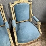 Pair of Louis XVI style armchairs in molded, carved wood