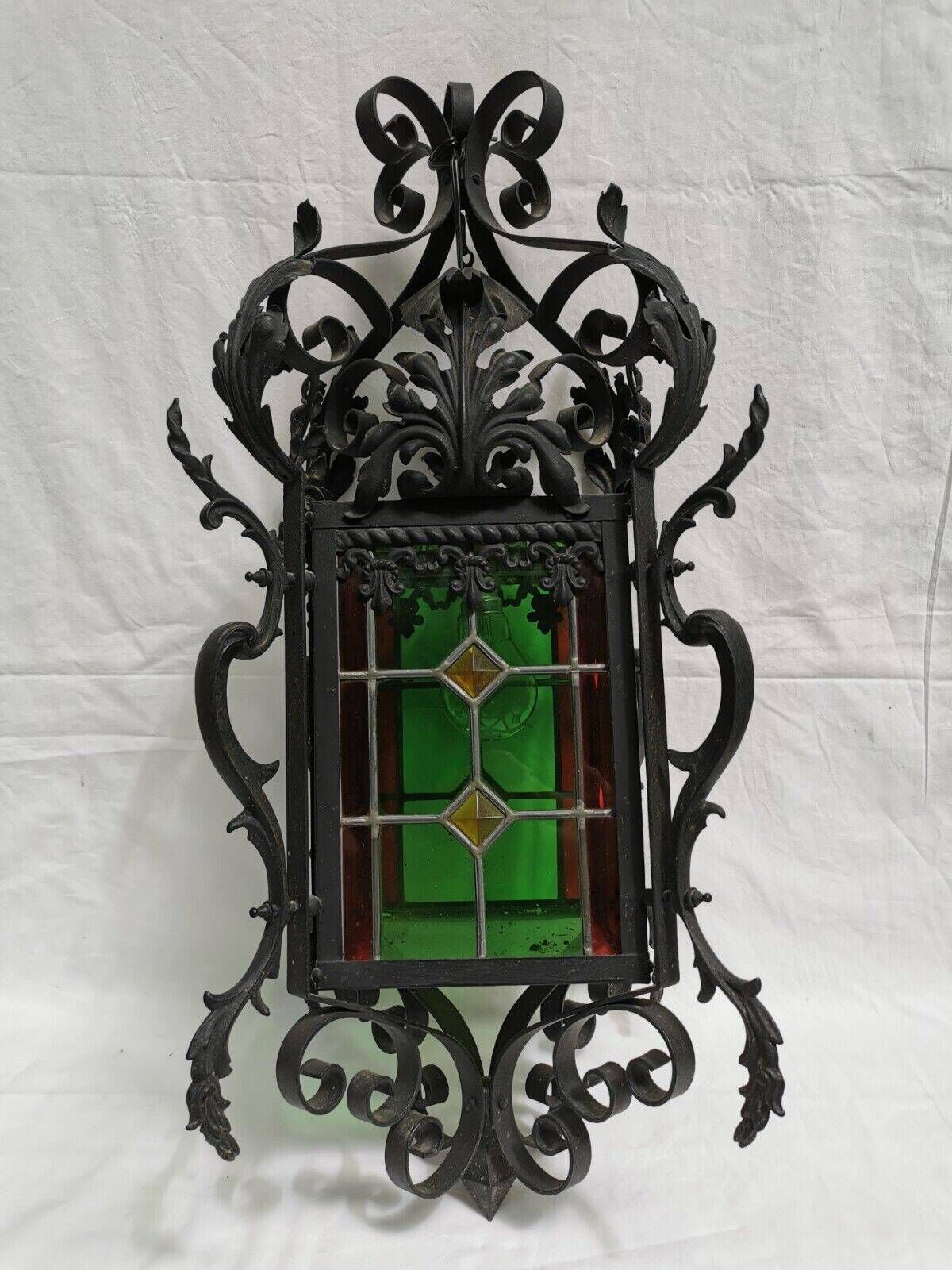 Large old lantern, wrought iron and stained glass. Lamp Chandelier stained glass Entrance