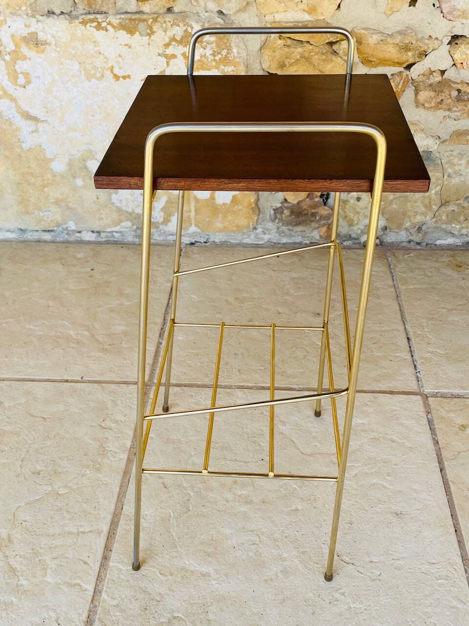 Vintage side table, 2 wooden and brass shelves, circa 1960s