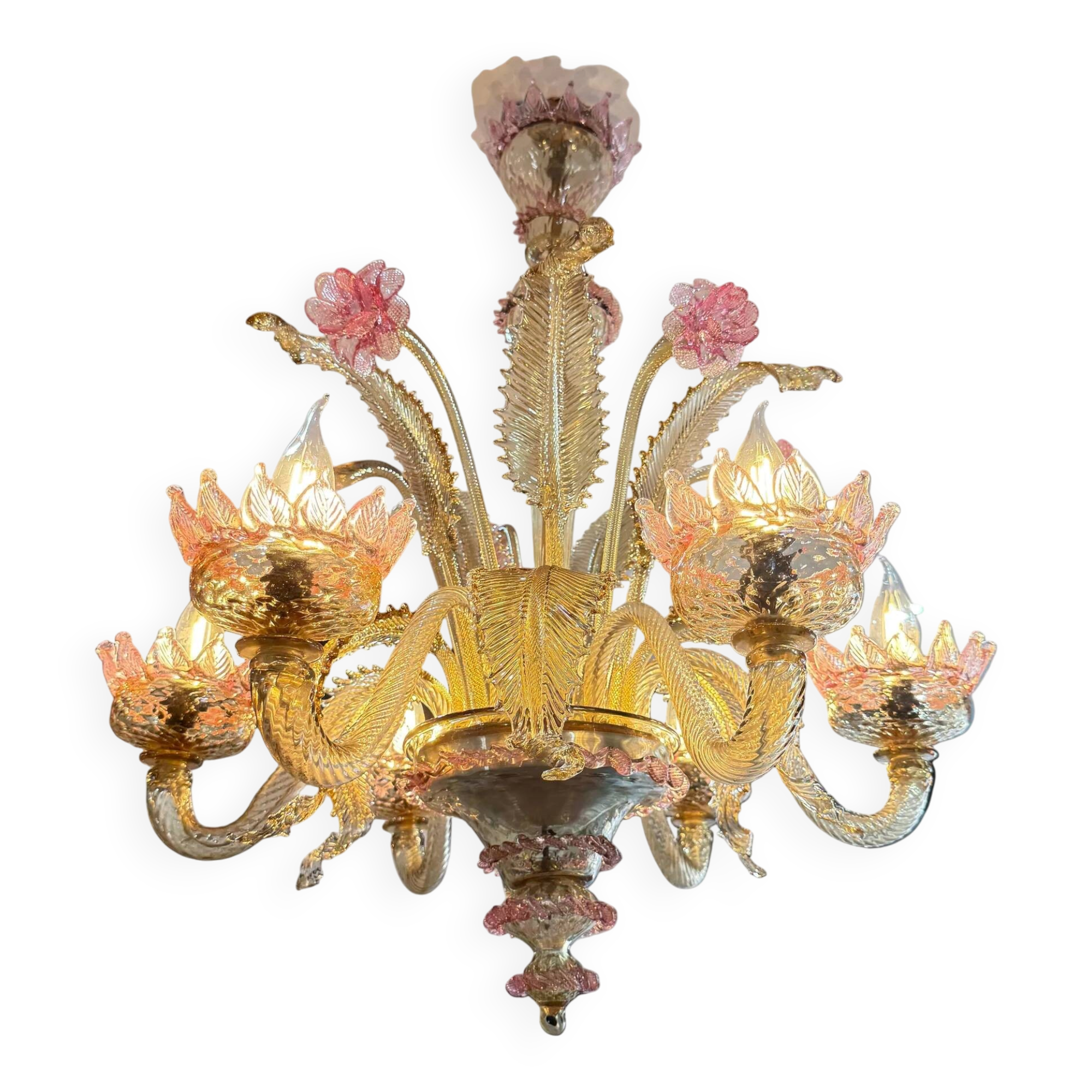 Venetian glass chandelier with pink and gold floral decoration – 6 lights