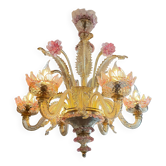 lustre vénitien en verre de Murano à décor floral rose et doré – 6 feux