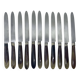 Set of 11 dessert knives with two-tone horn-effect resin handles.