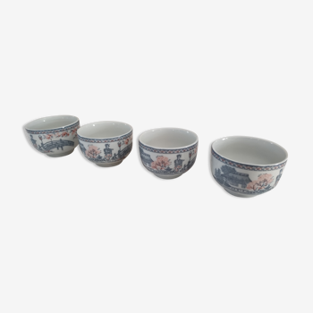 Set of 4 Japanese tea cups without handle pale blue and pink décor