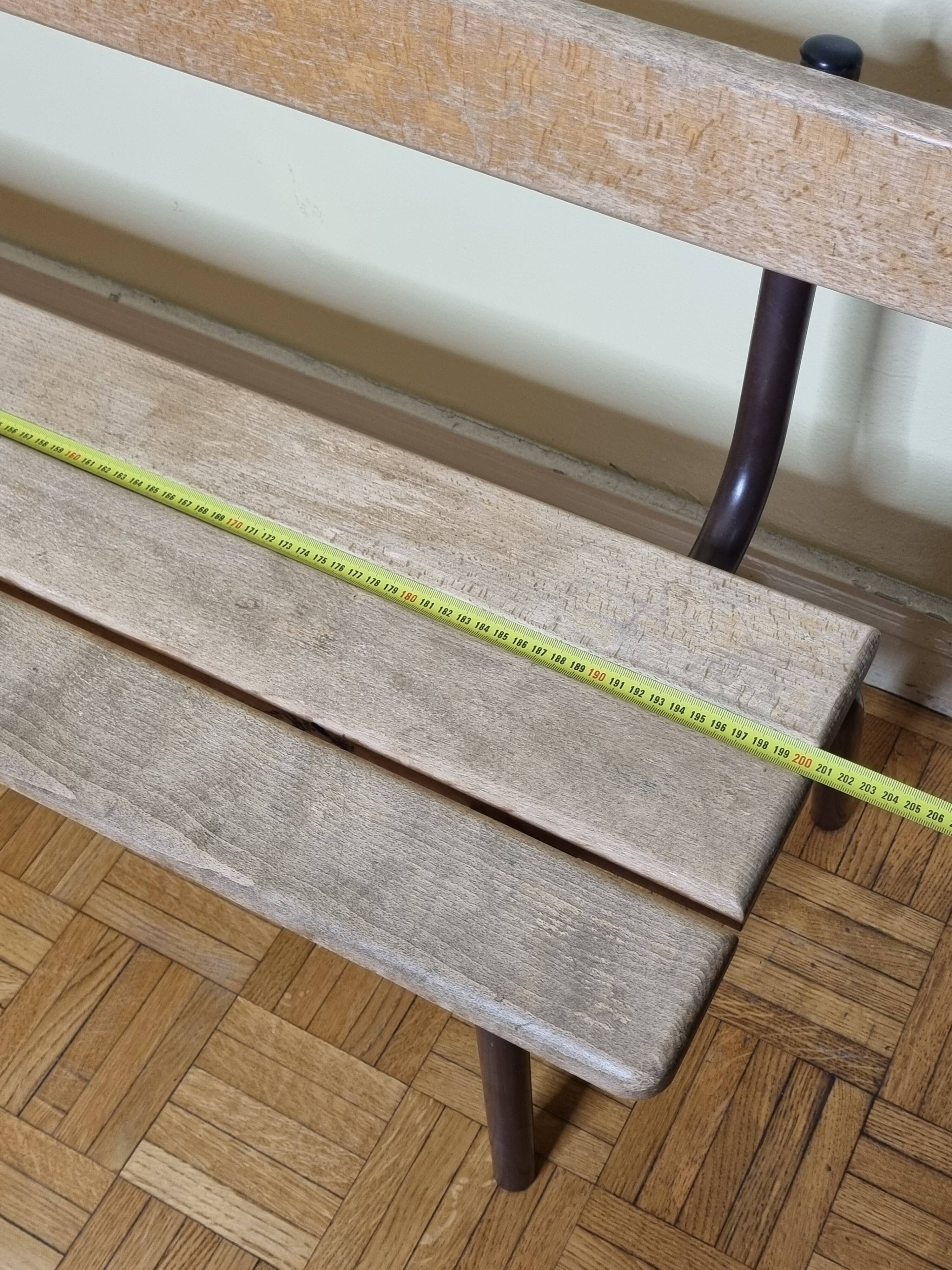 Vintage wooden and metal kindergarten bench, 2 m
