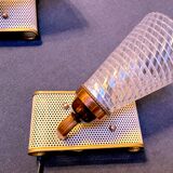 Pair of brass sconces, perforated metal and perhapx conical lampshade, France 50's