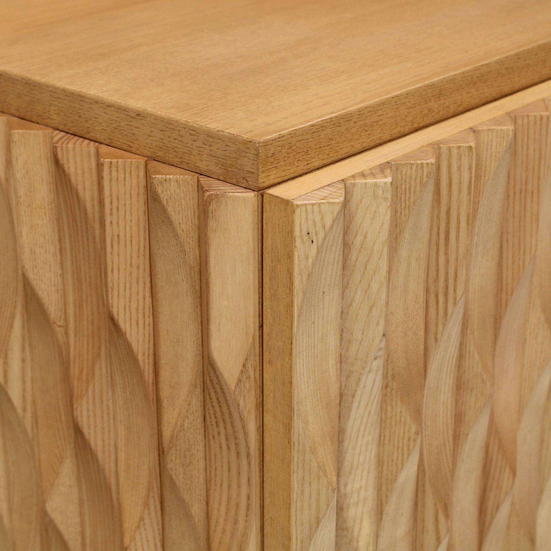 Brutalist Style Hand-carved Solid Oak Wood and Glass Mirror Italian Bar Cabinet