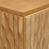 Brutalist Style Hand-carved Solid Oak Wood and Glass Mirror Italian Bar Cabinet