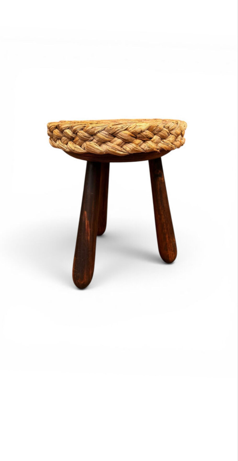 Tabouret tripode en chêne et paille Audoux et Minet 50’s