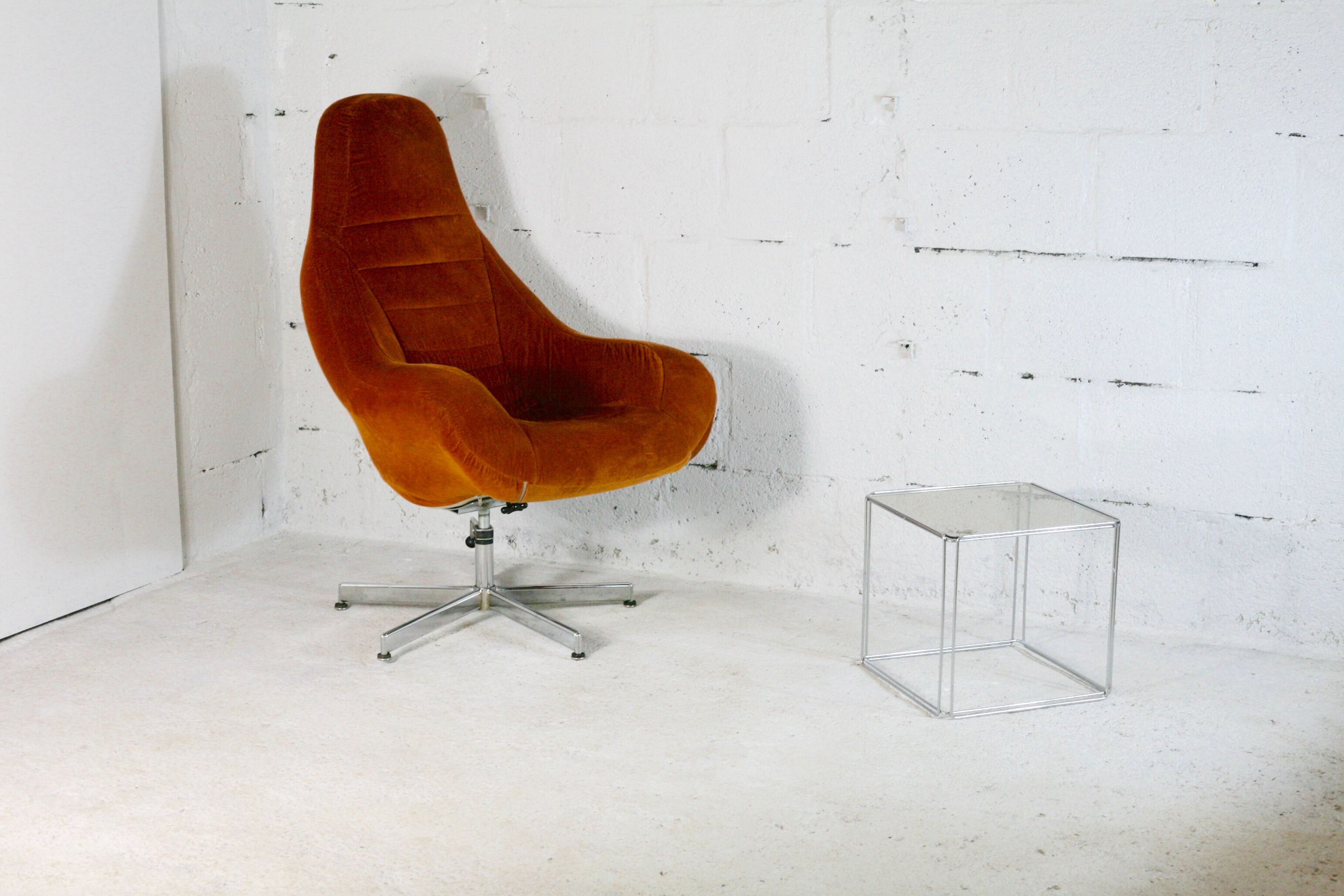Space age chair, fiberglass, orange velvet, circa 1970s