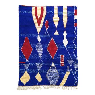 Tapis berbère marocain contemporain Boujaad bleu à motifs 2,92x1,97m