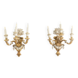 Pair of Louis XVI style wall lights in gilded and lacquered wood. Circa 1900.