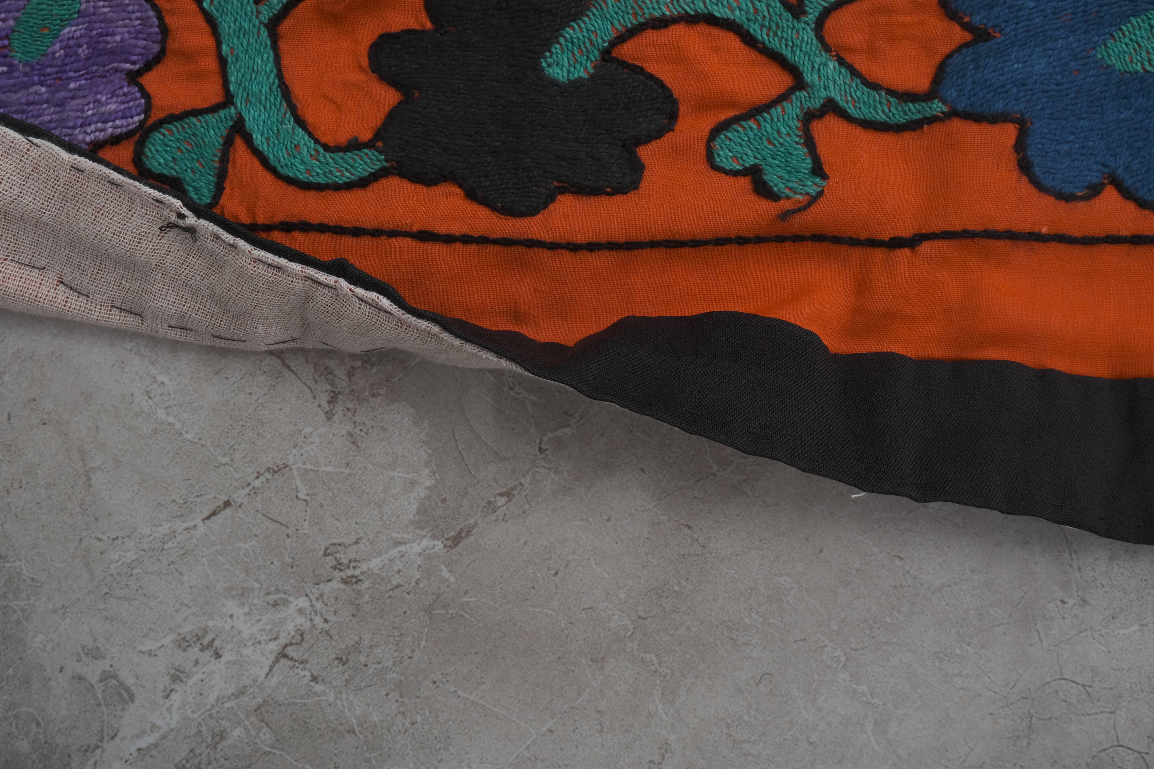 1970s folk art suzani with mythological birds, animal red uzbekistan wall decor