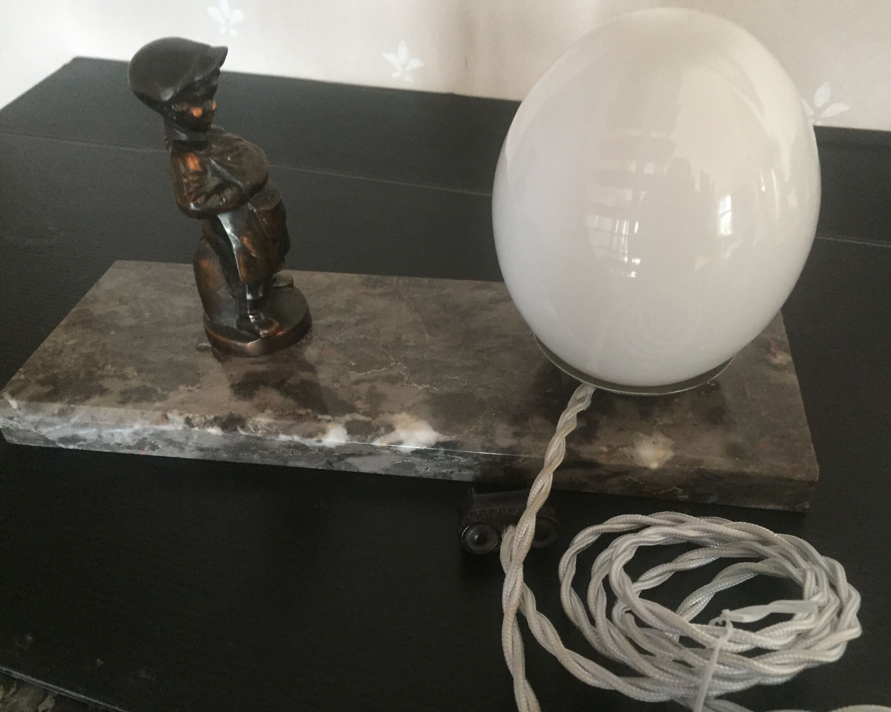Art Deco bedside lamp night light with marble base and child at work statuette