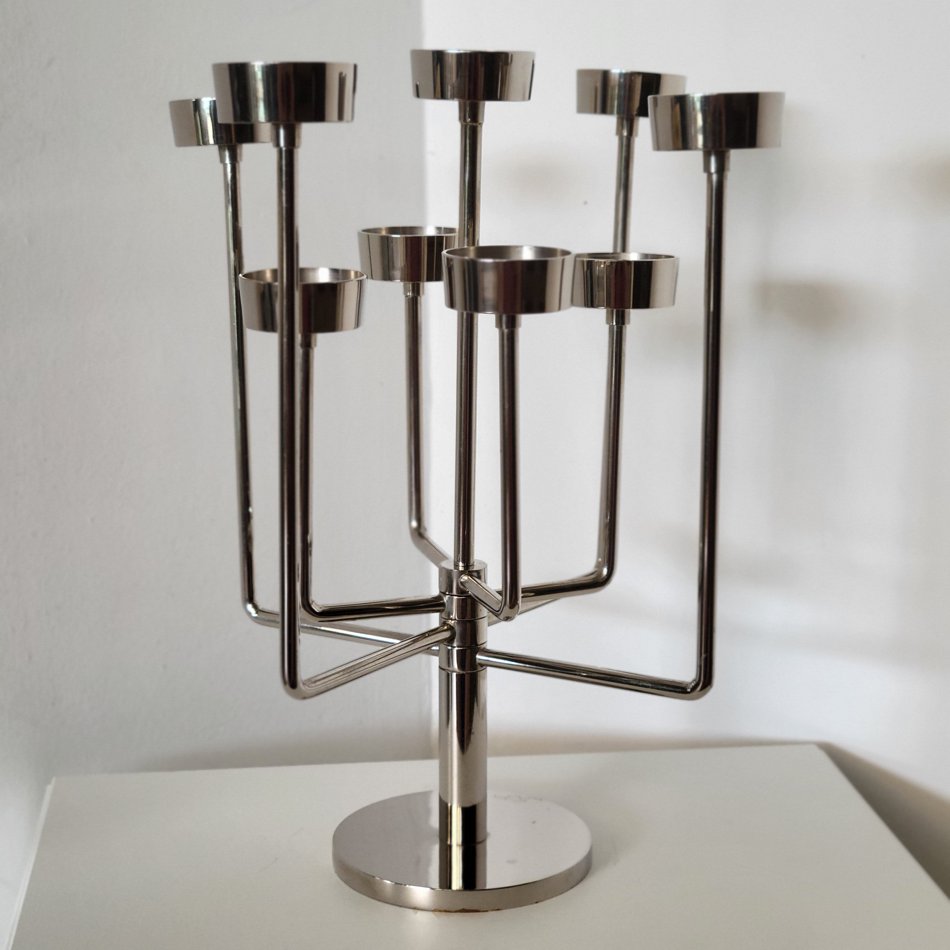 Candle holder with 9 branches in chrome-plated metal