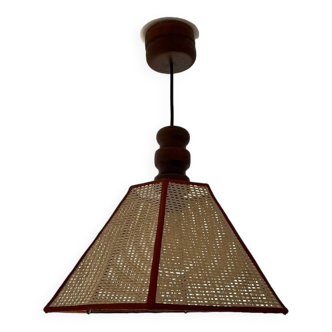Suspension vintage en bois et cannage