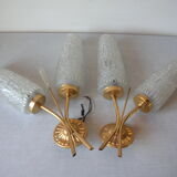 Pair of electric wall lamps double years 1950/60 globe conical lampshade deco retro