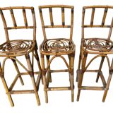Set de 3 tabourets de bar en Rotin années 60