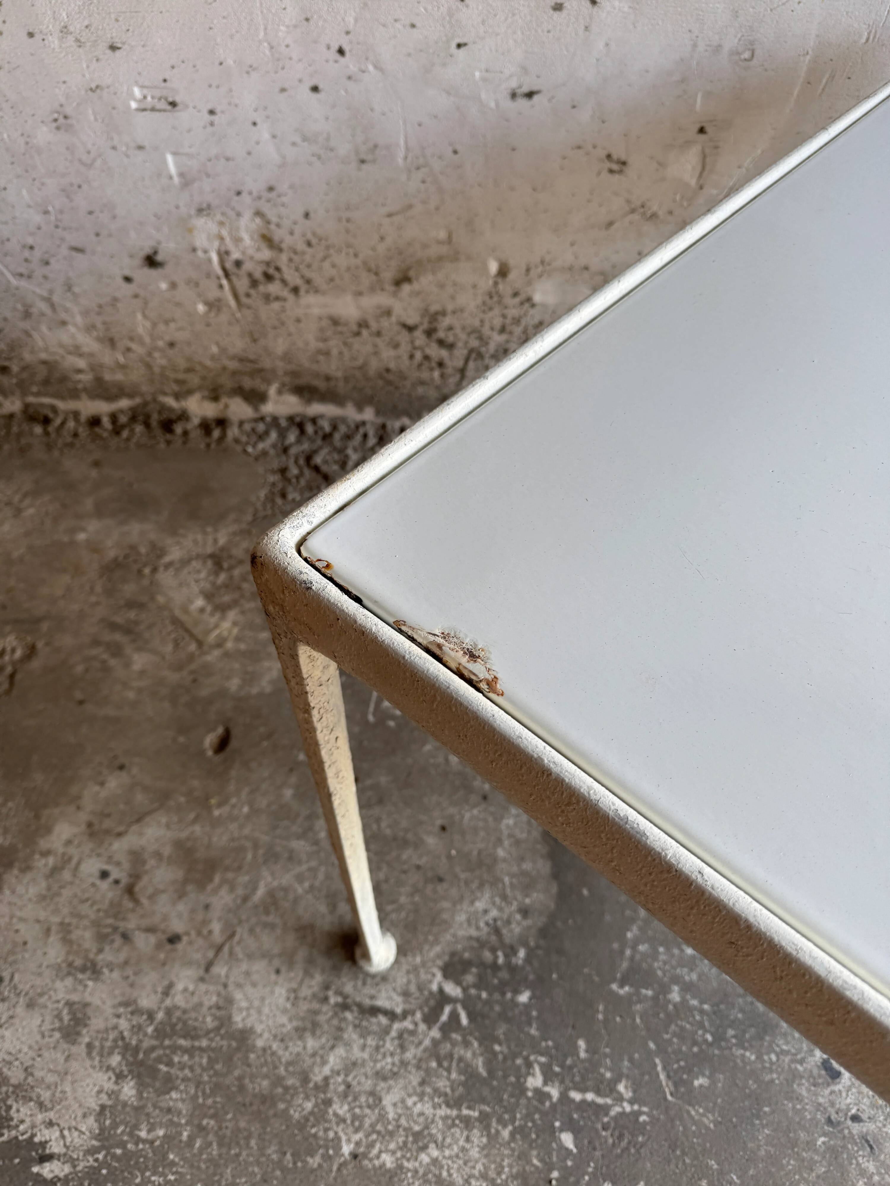 White Enameled Steel Top & Cast-Aluminum Knoll Outdoor Table — 1960s Modernist First Edition