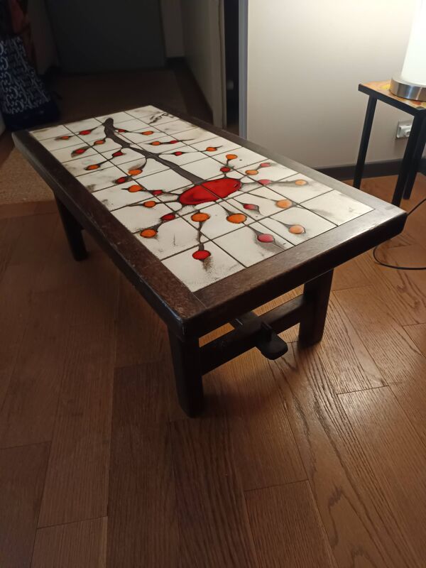 Table basse céramique et bois signée dan vallauris 1950/1960