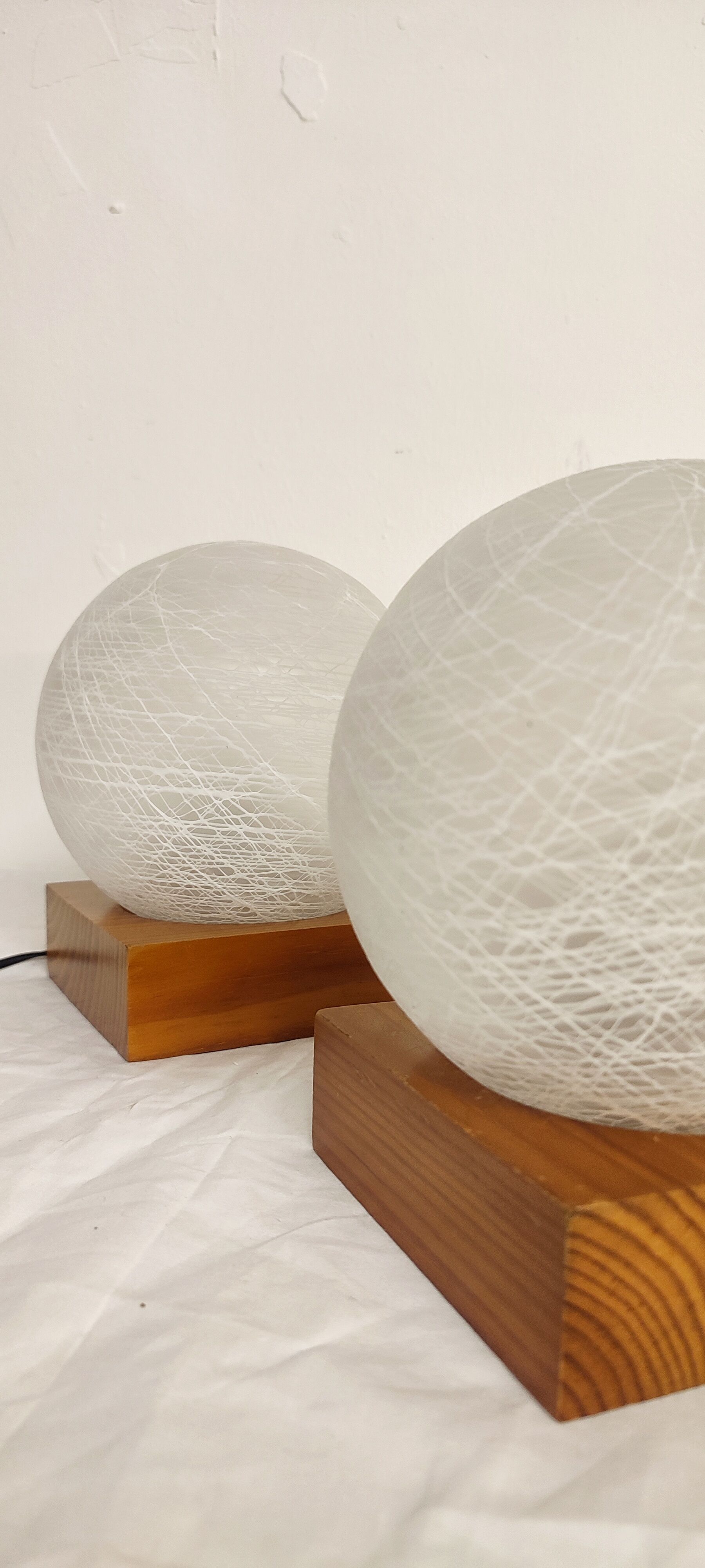 Pair of wooden and glass table lamps. Italy, 1970s.