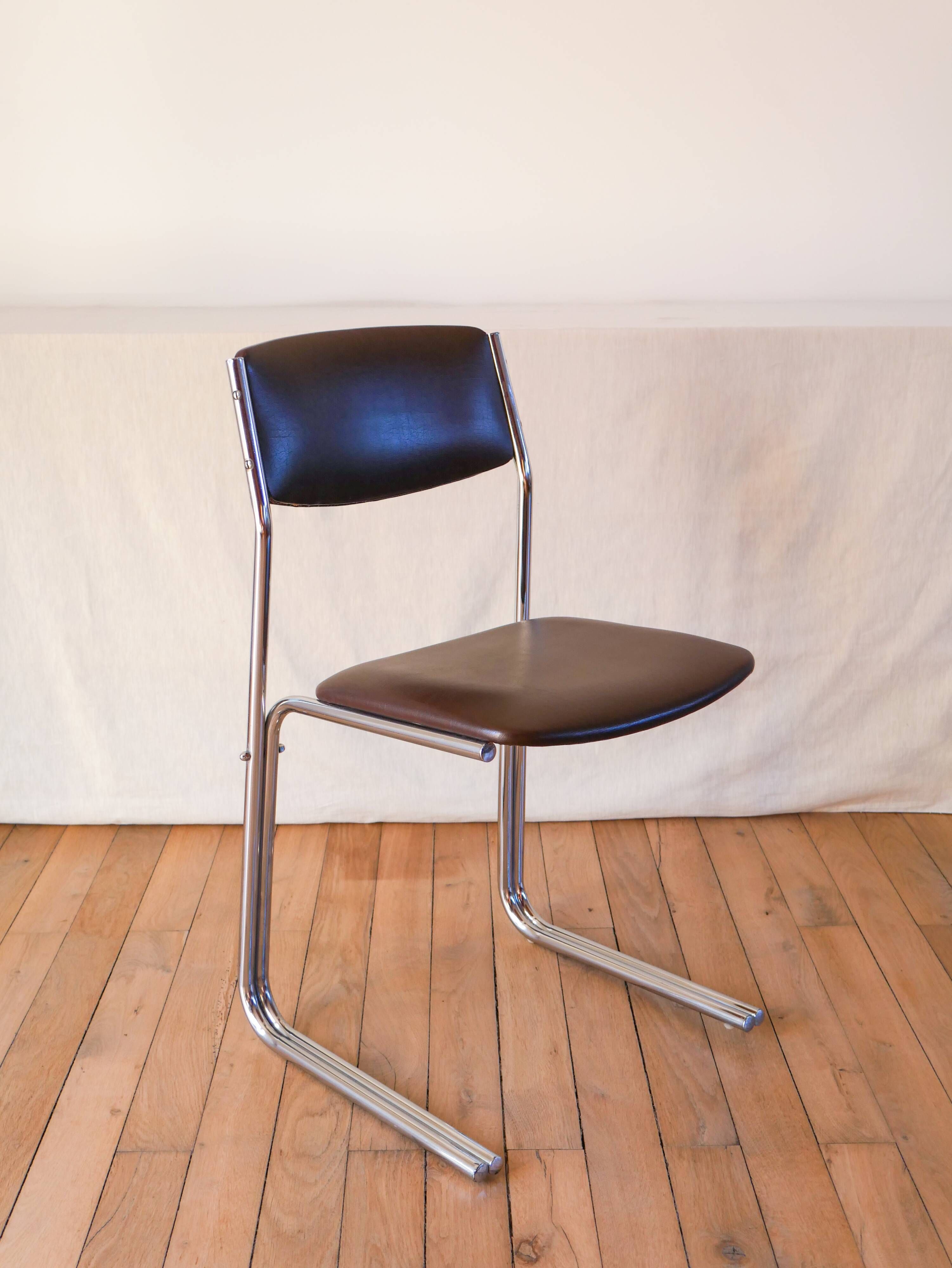 Office chair in brown skai and chrome tubular legs design 1970