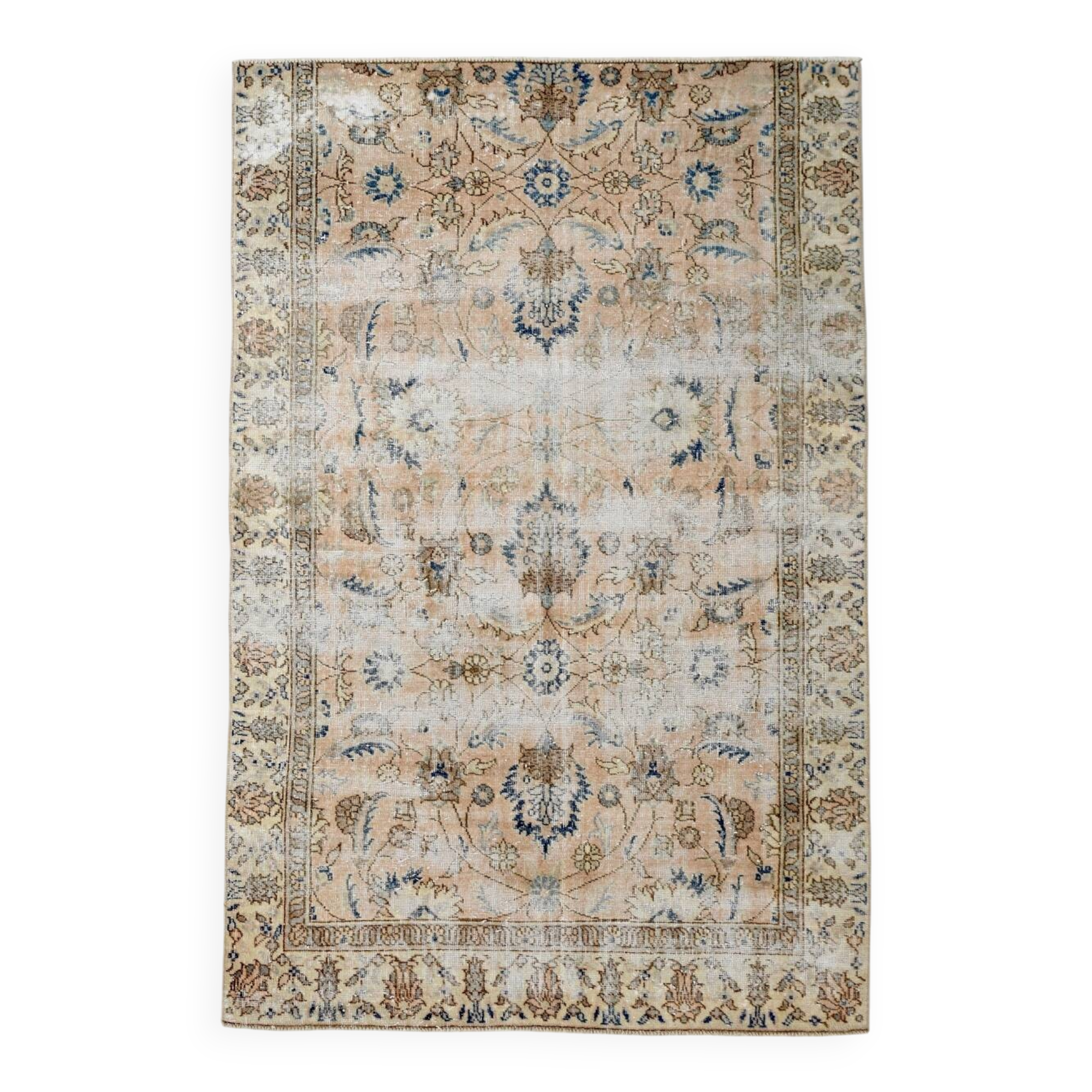 4x7 Tan Beige & Blue Floral Vintage Rug, 138x206Cm