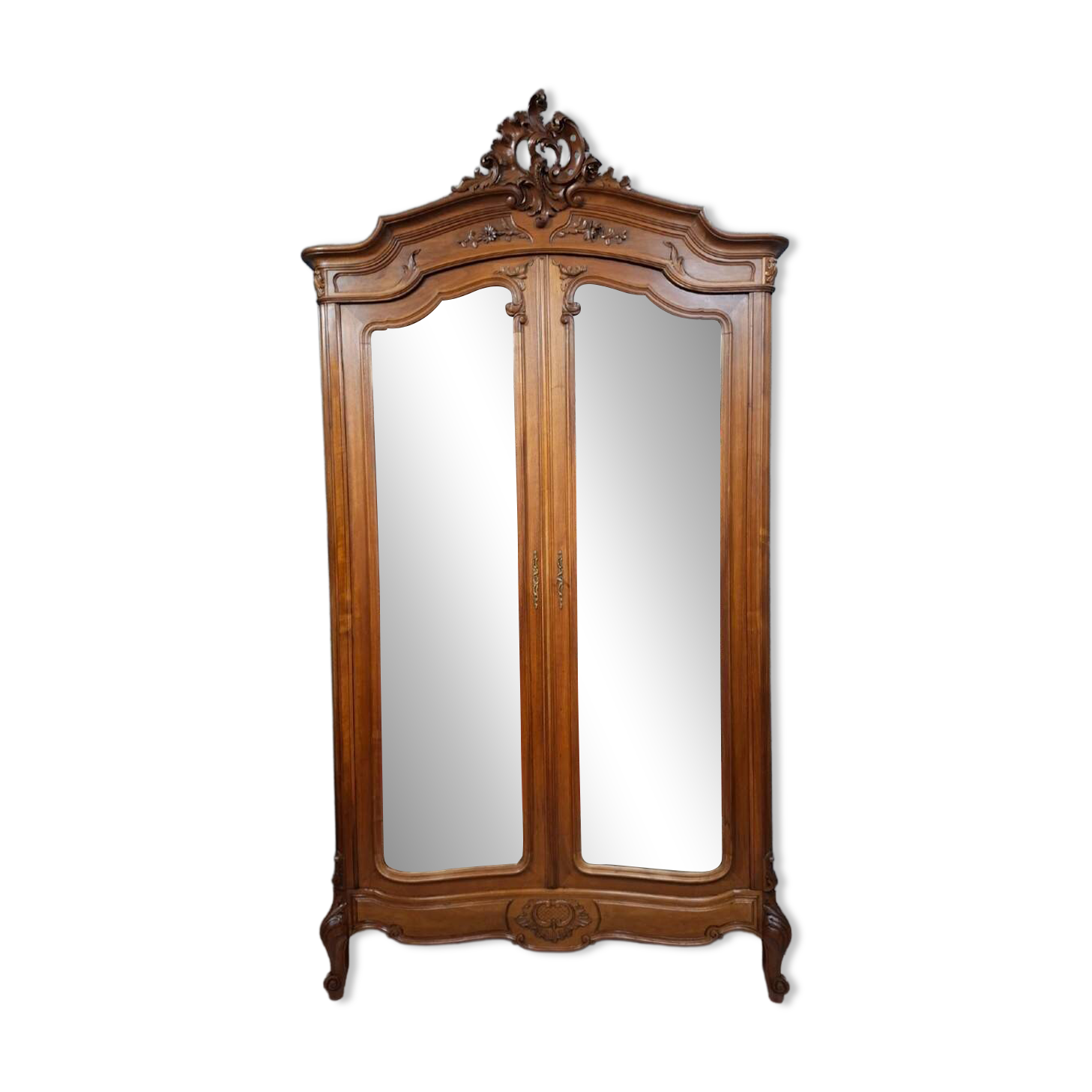 antique walnut carved wardrobe – Louis XV style – mirror doors – 19th century