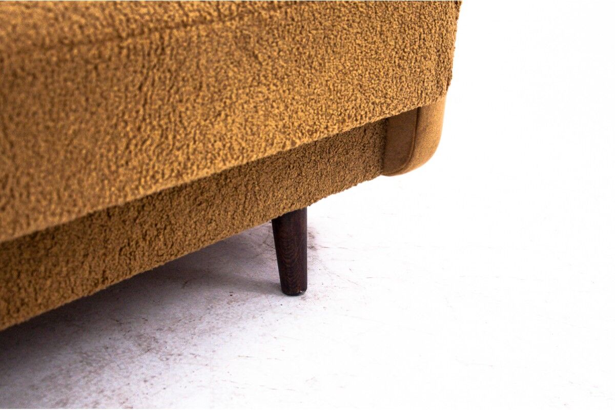 Midcentury modern yellow fabric bouclé sofa, Denmark, 1960s. After restoration.