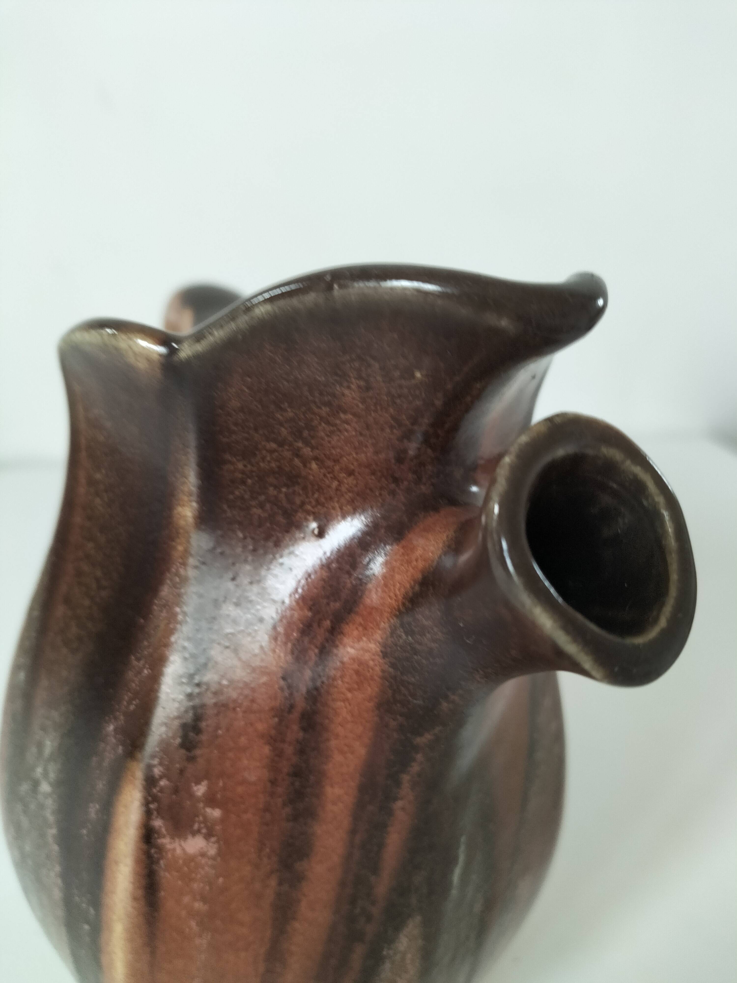 Vintage Belgian ceramic sculptural pitcher in chocolate brown.