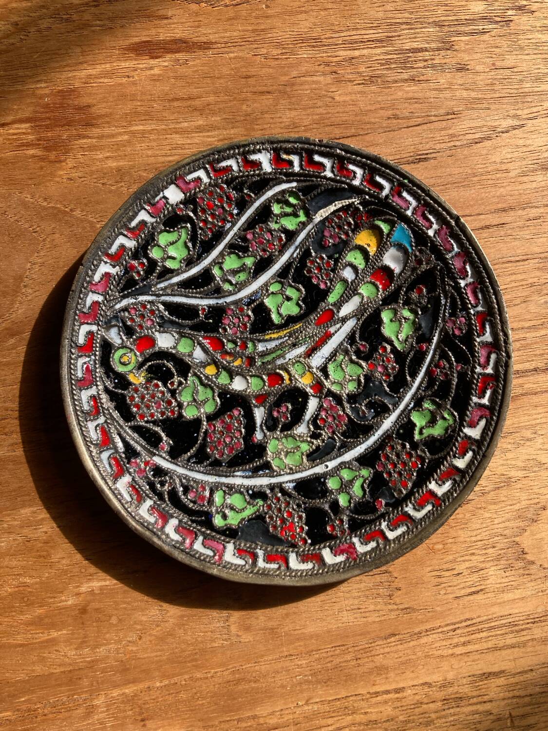 Byzantine bowl G. Halkides in cloisonné enamel on bronze & copper with peacock motif