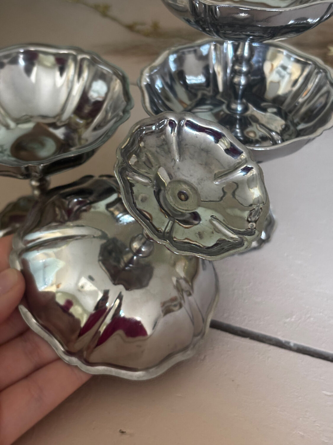 Vintage set of 6 finely engraved stainless steel bowls.