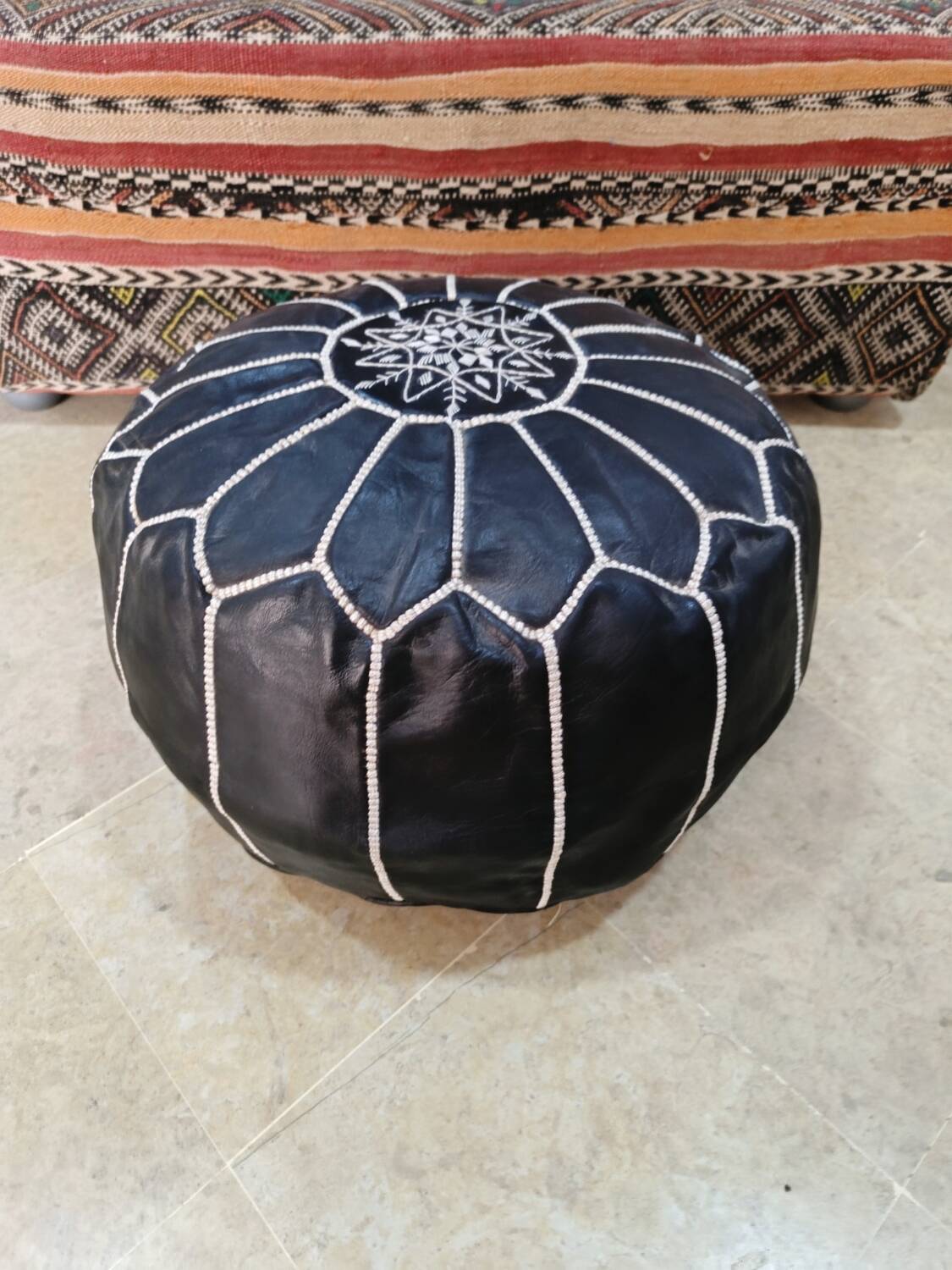 Moroccan pouf in embroidered black leather (without padding)