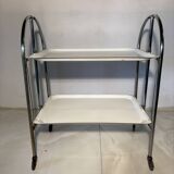 Vintage folding trolley in chromed metal and enamelled trays