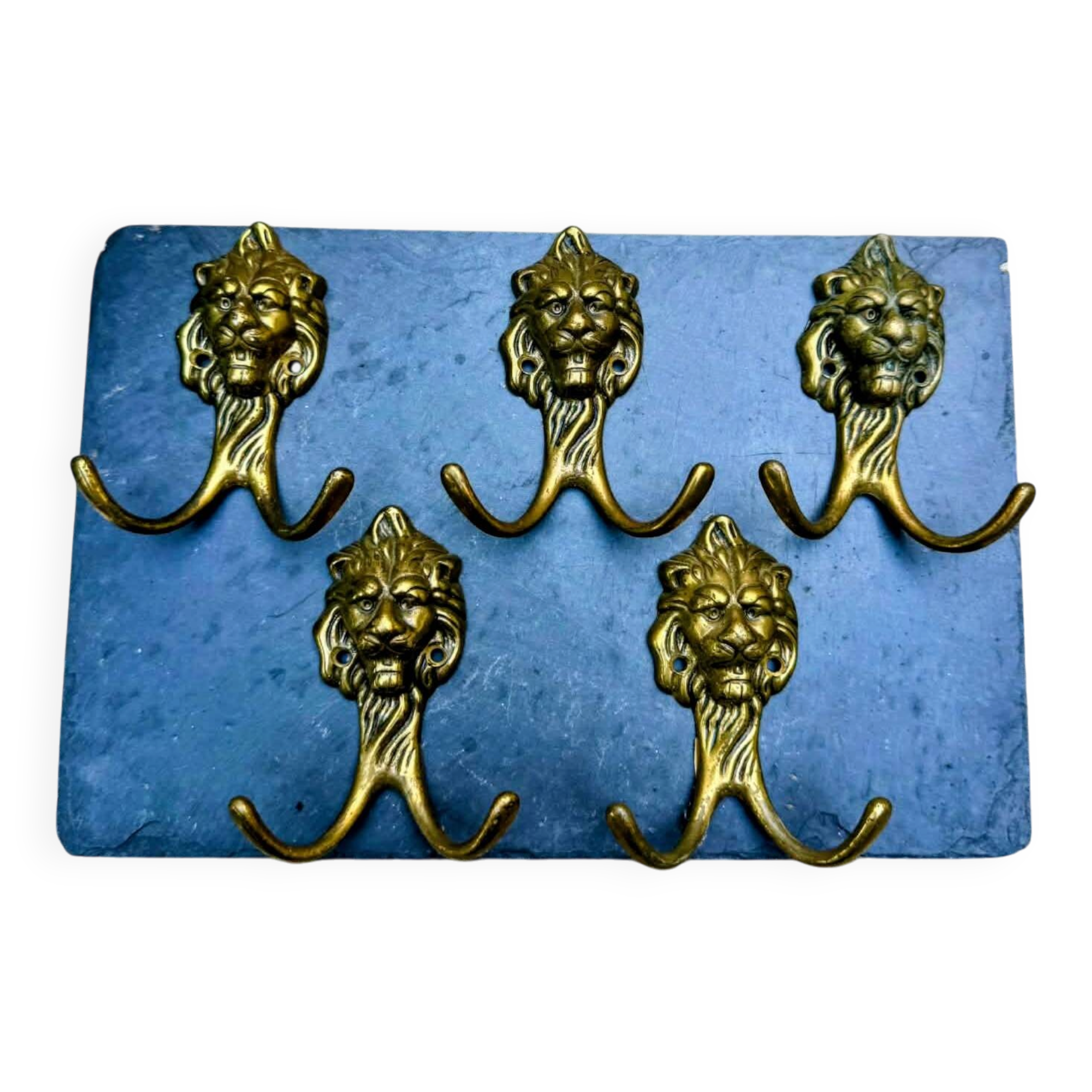 5 lion coat hooks in solid brass Art Nouveau