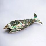 Articulated abalone shell and brass fish bottle opener, Mexico, 1980s, 18 cm