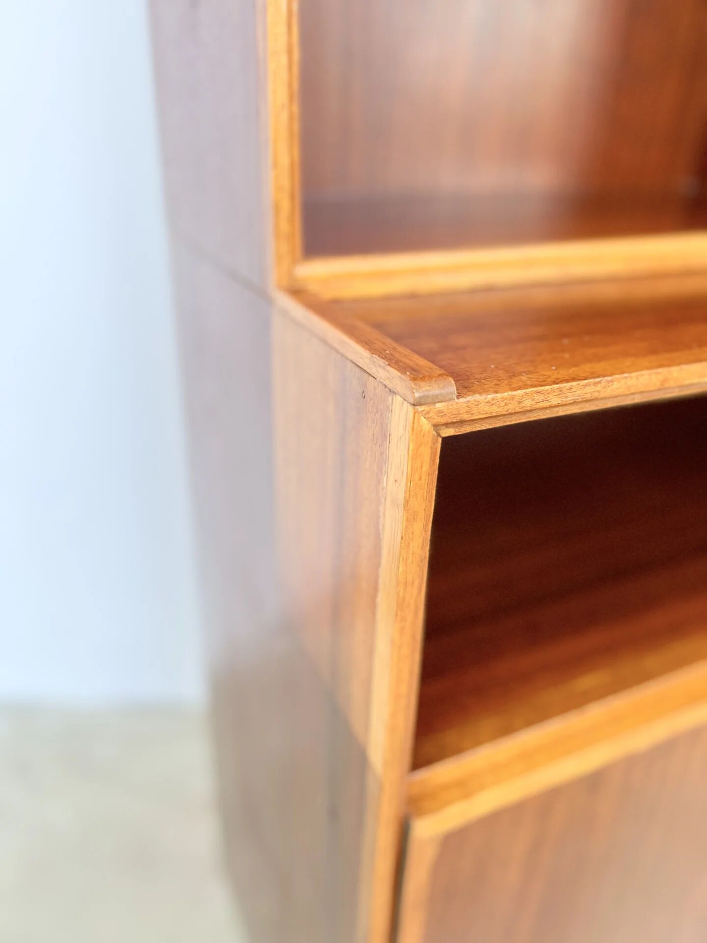 Mahogany library — closed storage and open cubbies, custom-made, 1960s.