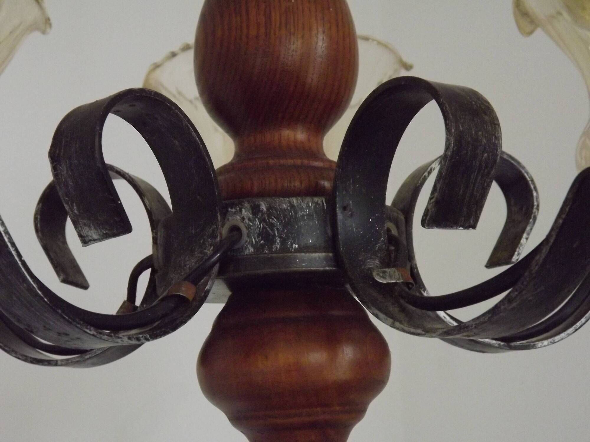 French 5 Light Mid Century Chandelier Wood Metal & Patterned Glass Shades