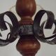 French 5 Light Mid Century Chandelier Wood Metal & Patterned Glass Shades