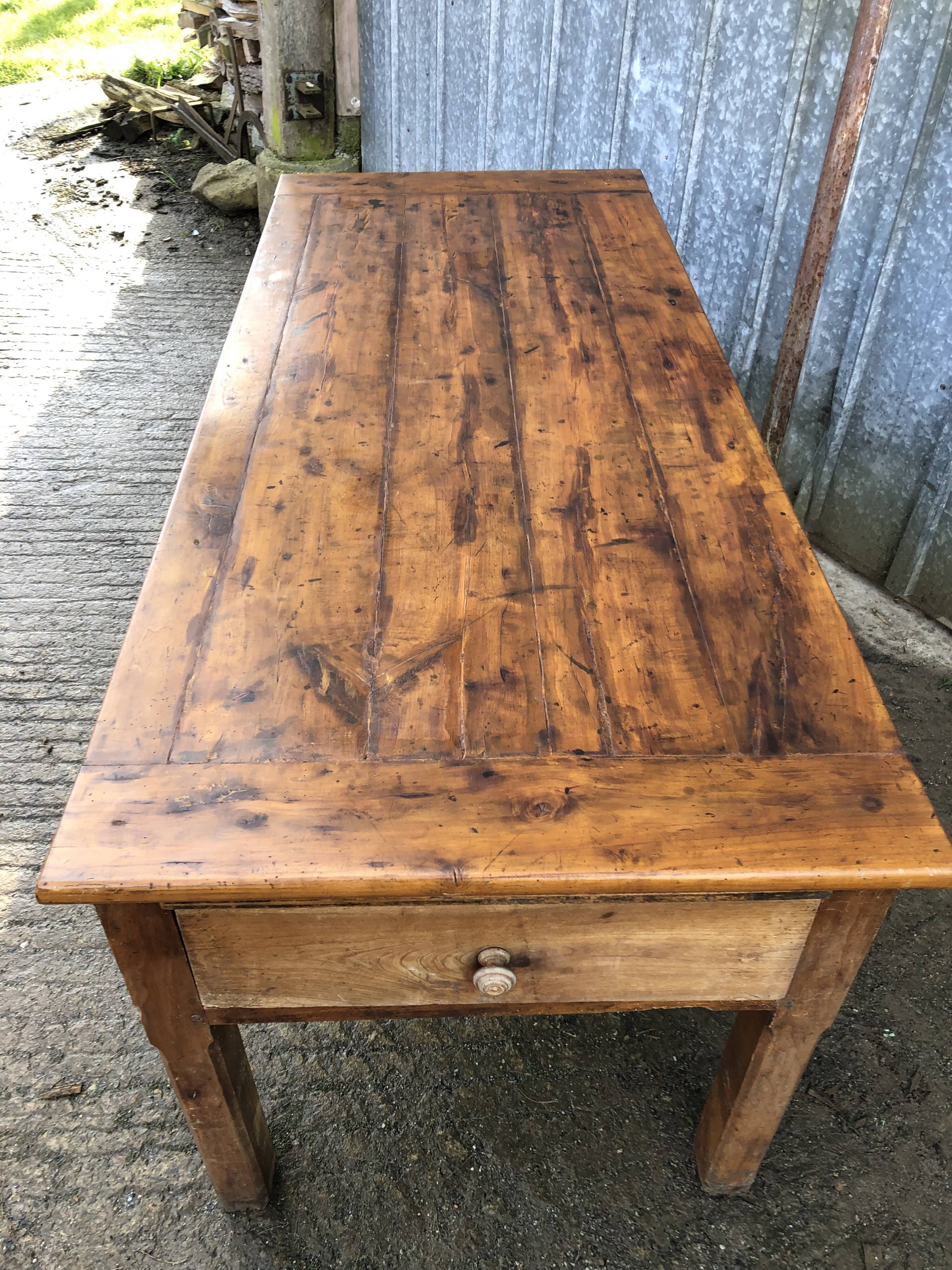 Antique Rustic Solid Cherry Farmhouse Table with 3 Drawers and 1 Pull Out