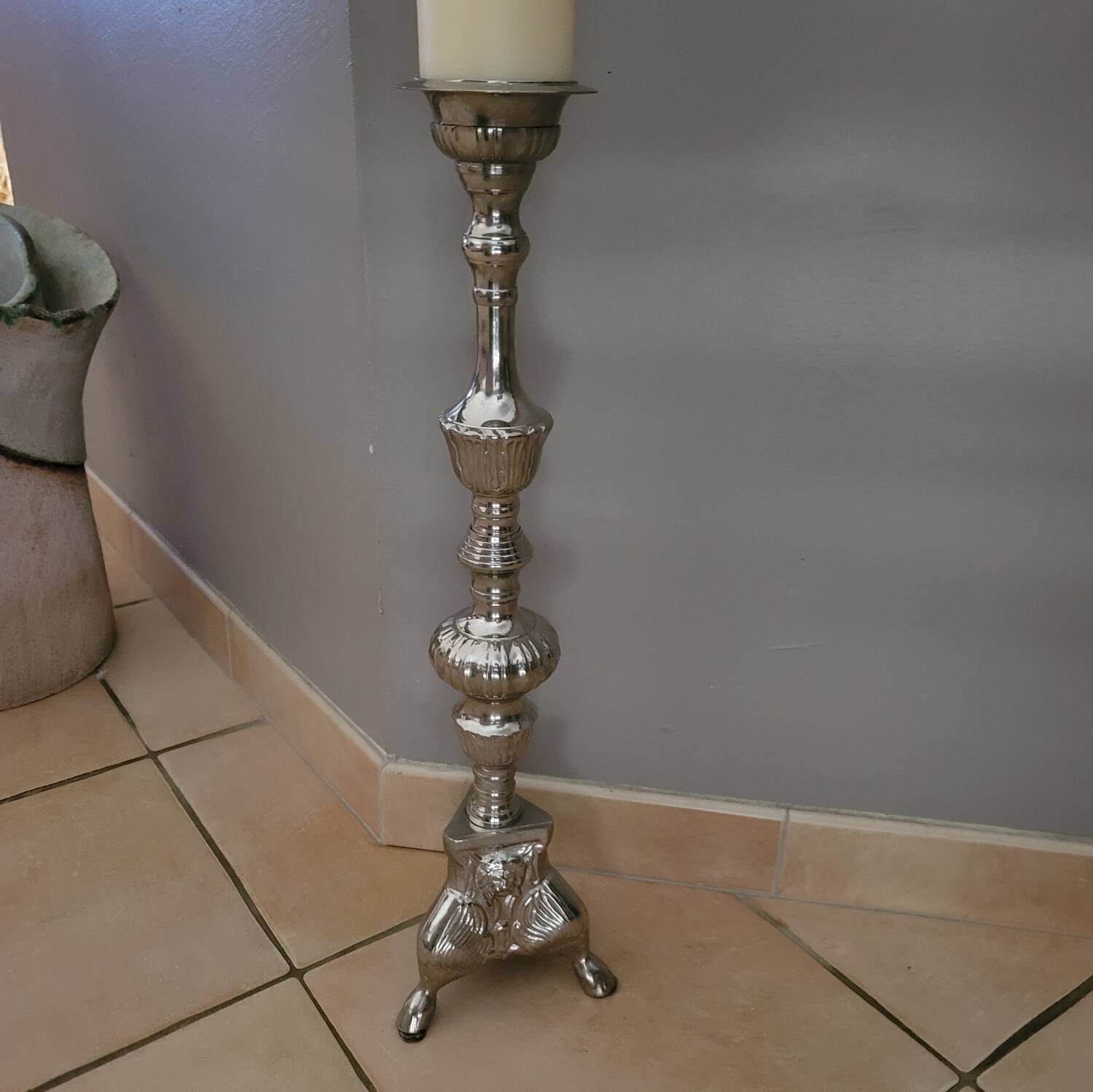 Large silver-plated metal candlestick