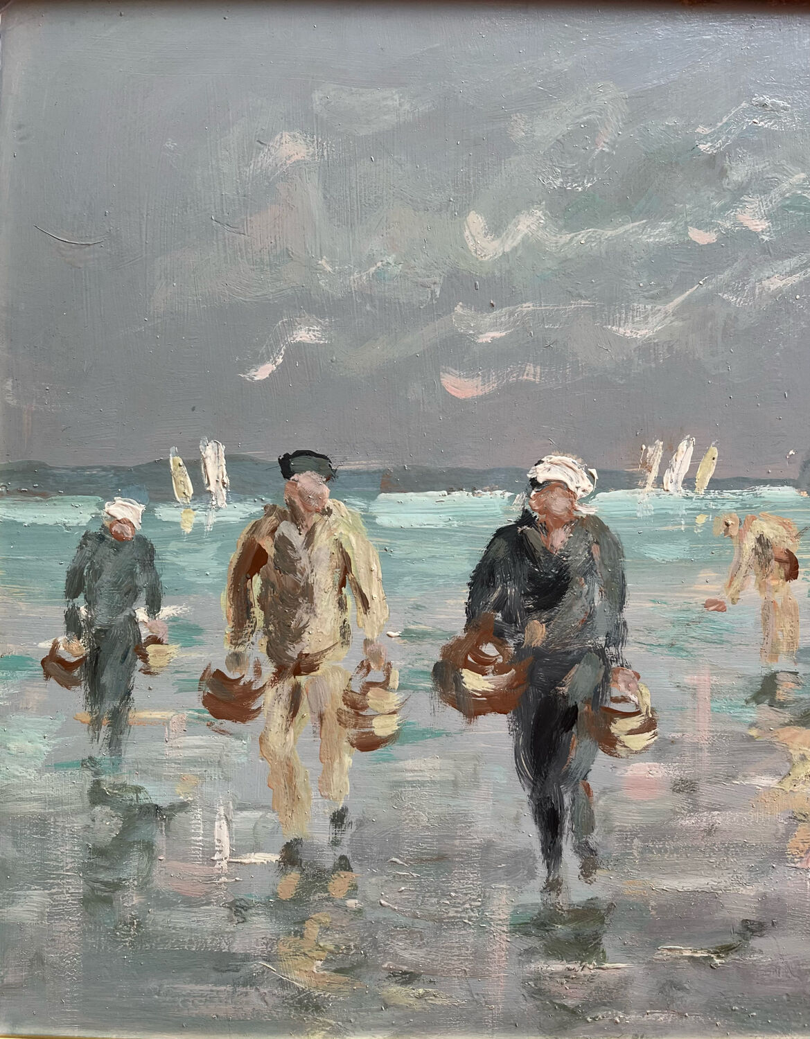 Oil on panel, Fishermen in the bay of Mont Saint Michel