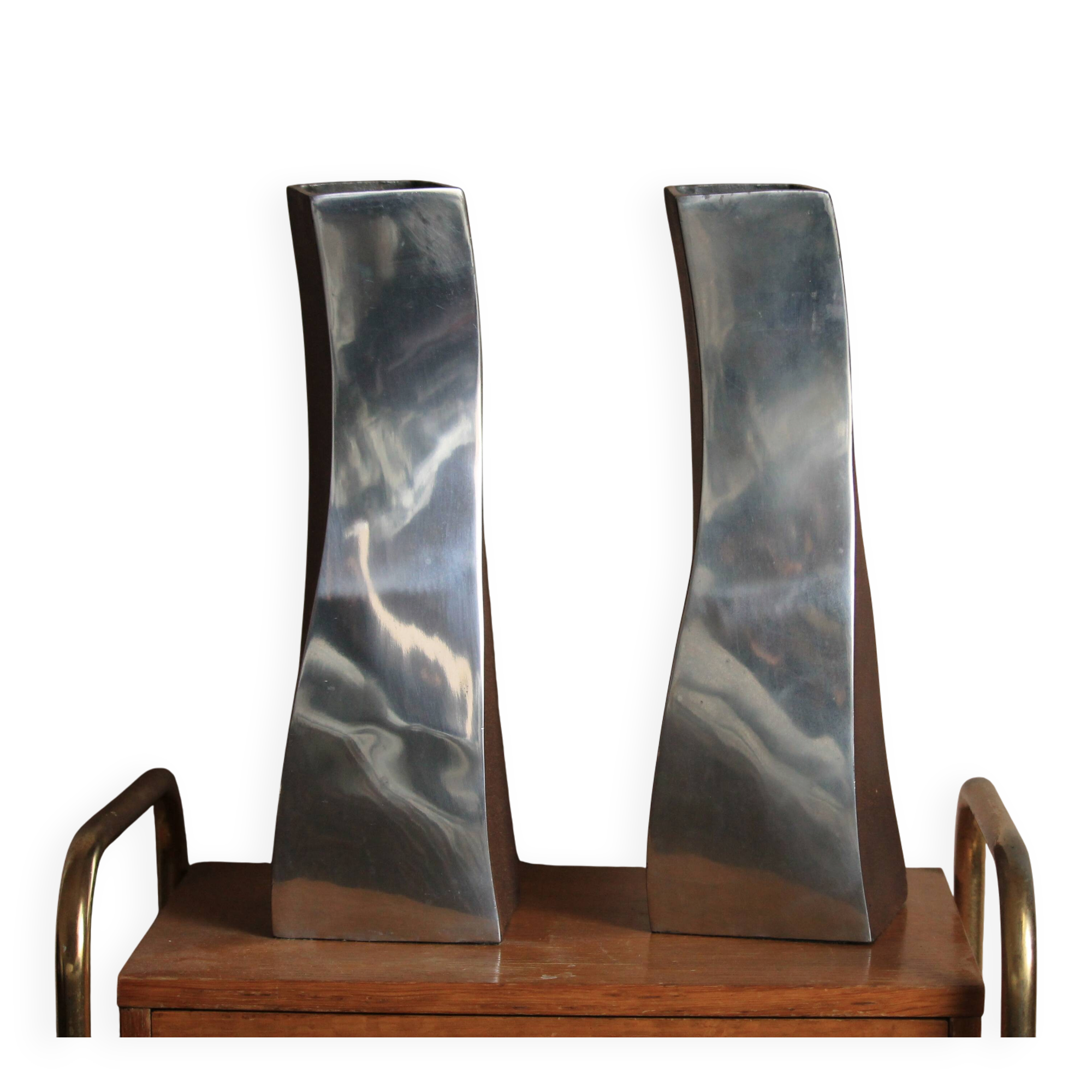 Vintage 2 curved vases Italian design space age 1970s aluminium copper