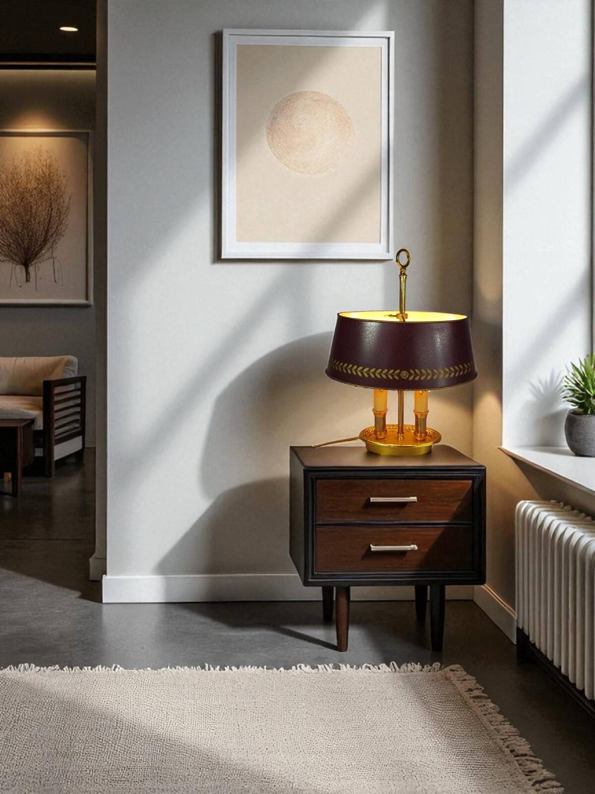 Lampe bouillote style Empire bronze doré abat-jour métal bordeaux C548