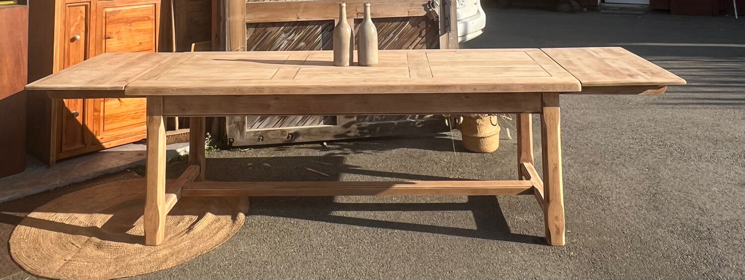 Large renovated family table with 2 extensions in raw solid oak, 3.18m.