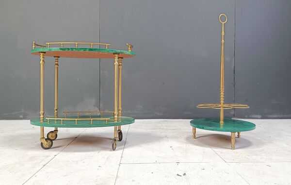 Chariot de bar et porte-bouteilles en peau de chèvre laquée italienne par Aldo Tura