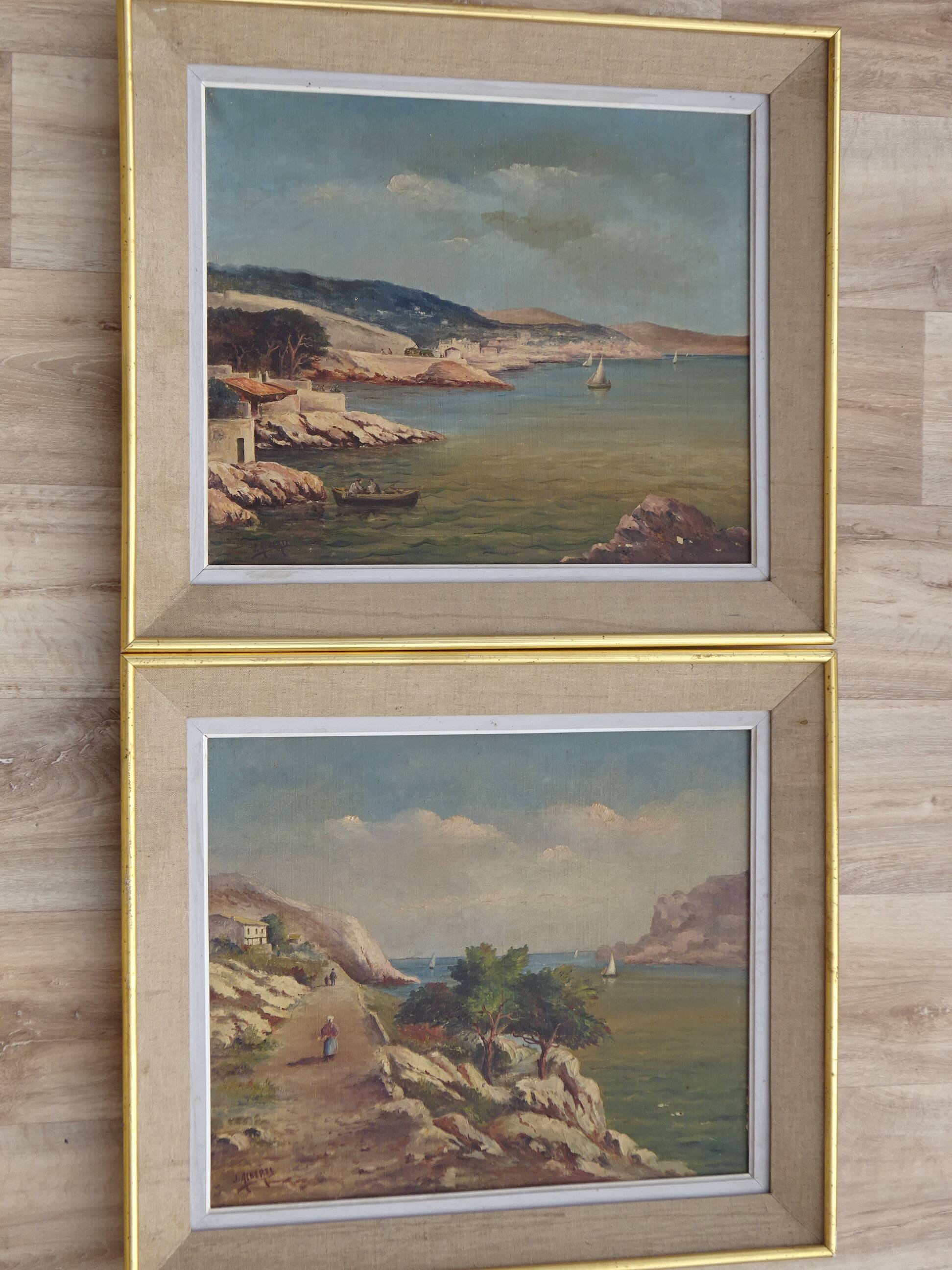 Huile sur toile du XIXème siècle, calanques, Méditerranée