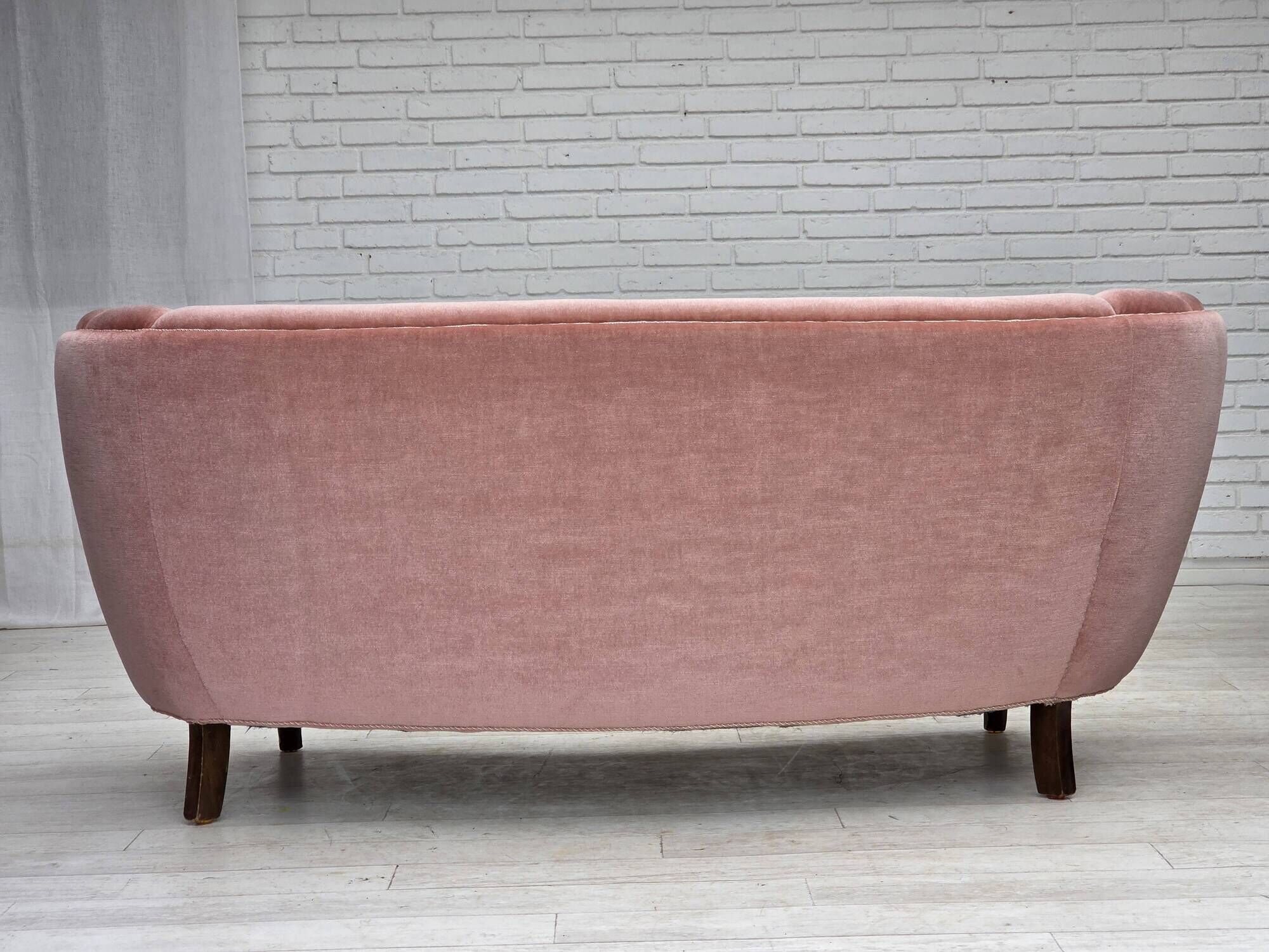 1970s, Danish 2-seater curved sofa, original salmon pink furniture velour.