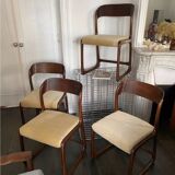 Restored - Set of 4 Baumann chairs, "Luge / Sleigh" model, 60s - Beech and cappuccino beige velvet - Scandinavian design
