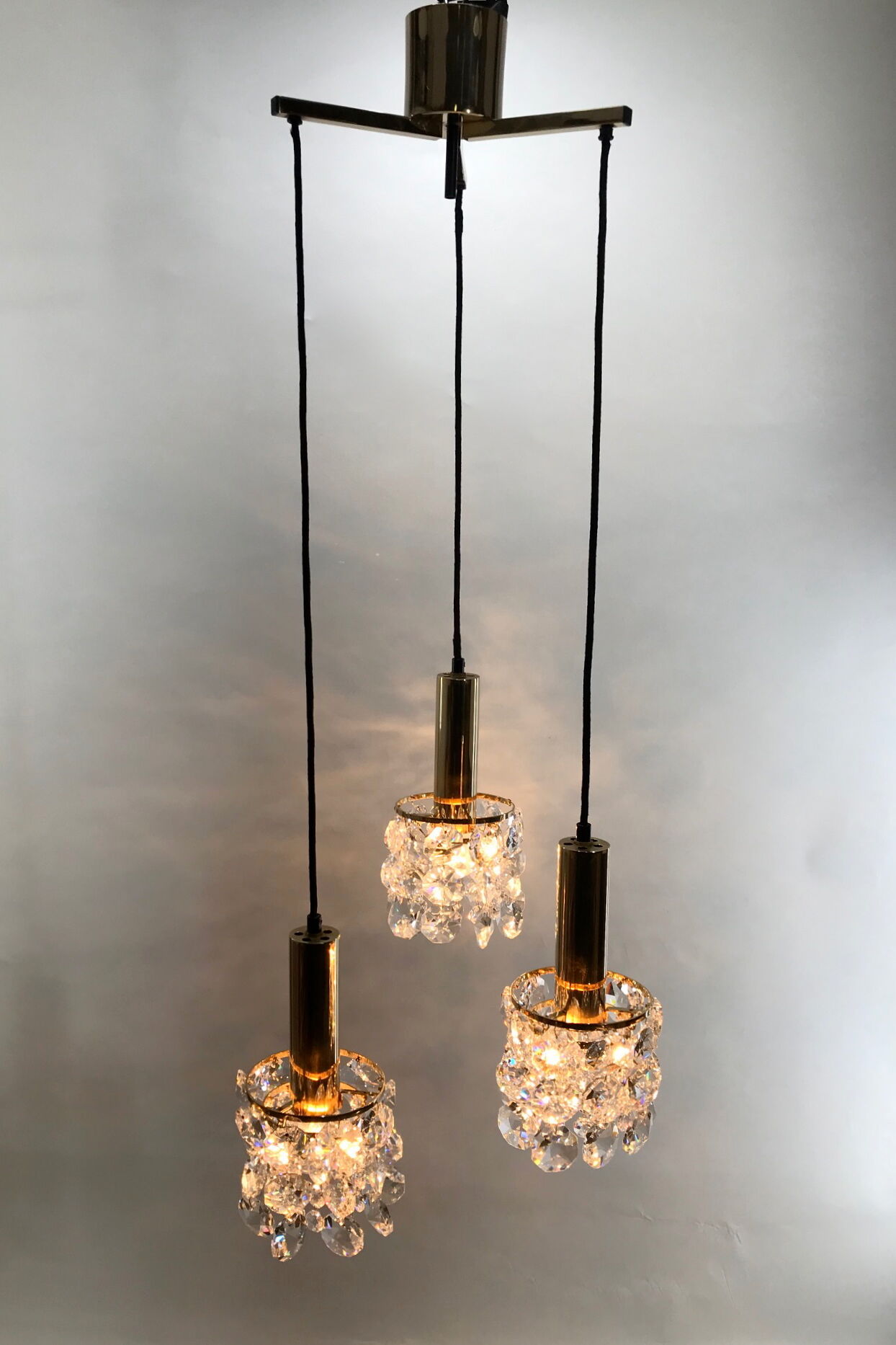 Palwa Golden brass and crystal chandelier, 1960 design